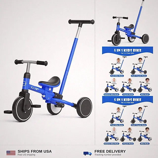XJD Toddler Tricycle for 1-3 Year Olds, 5-in-1 Toddler Balance Bike, Adjustab...